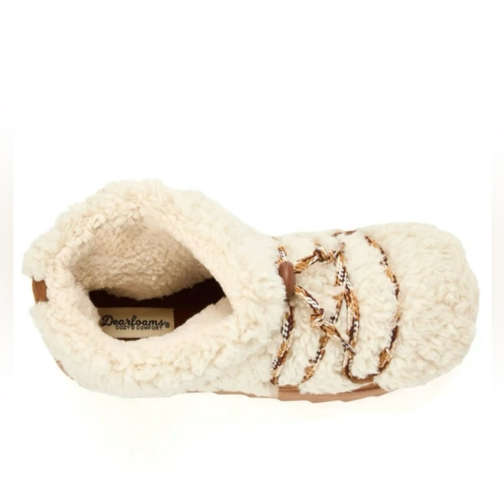 dearfoams Cream Sherpa Lace-Up Booties with Brown Suede Trim - Picture 5 of 12
